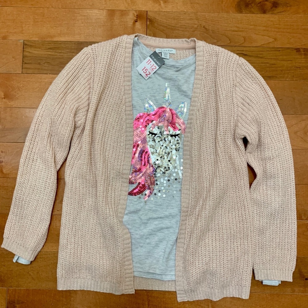 NWT Primark 2 Piece Set Pink Open Front Cardigan & Unicorn Tee Girl's Size 11-12